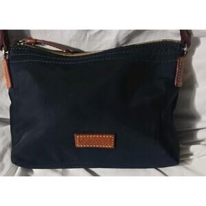 Dooney & Bourke Navy Shoulder Bag with Leather Trim, Gold Hardware, Pockets